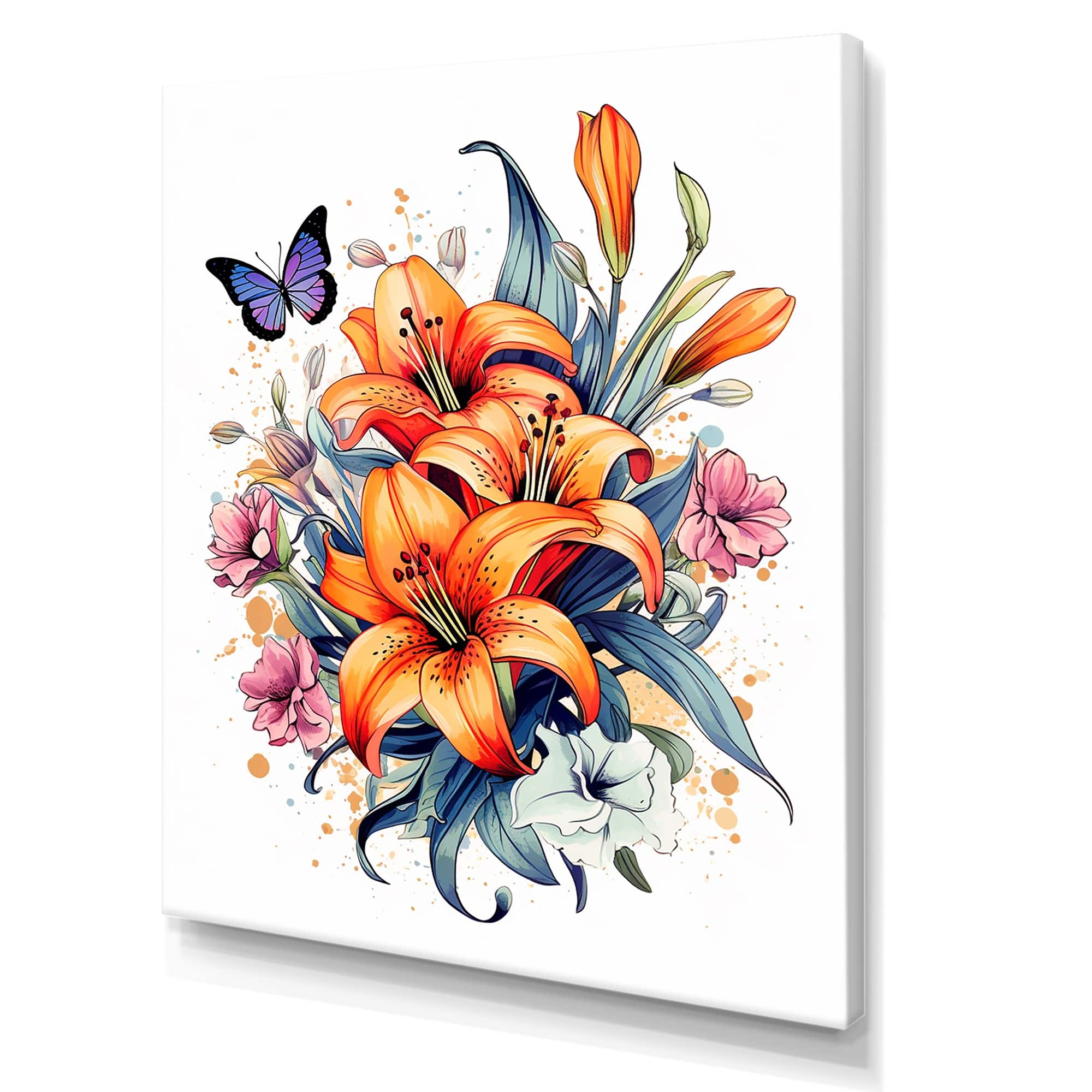 Designart "Whimsical Butterfly And Colorful Lilies" Butterfly Animal